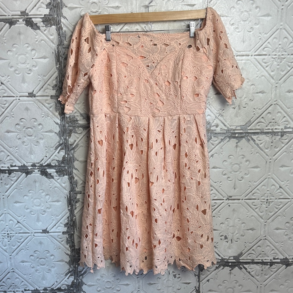 Boohoo Blush Lace Detail formal off shoulder dress